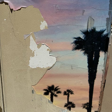 Image one: a vintage foosball table; Image two: black-and-white frosting roses on a cake; Image Three: sunset and palm trees wallpaper that's peeling off the wall.