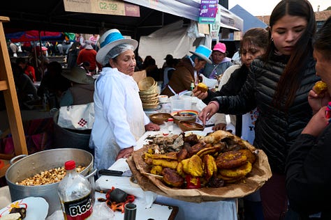 Six images showing scenes from San Francisco Plaza on Corpus Christi where vendors offering large heaps of Chiriuchu.