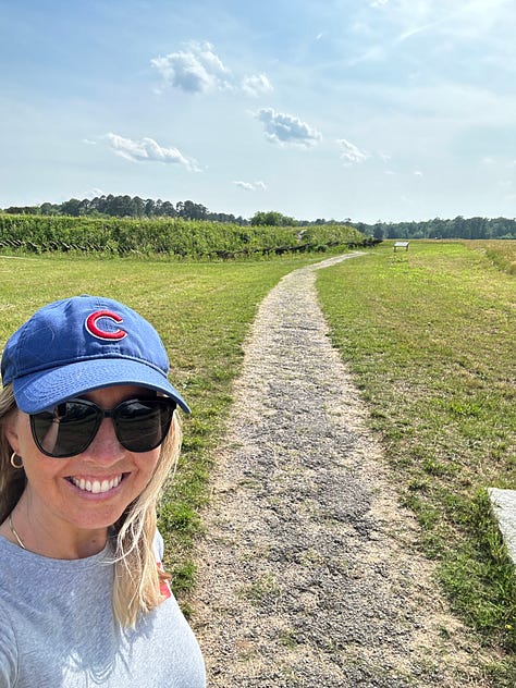 Pictures of a colonial house at Jamestown, a horse and buggy in a historic city, and author on the Yorktown battleground