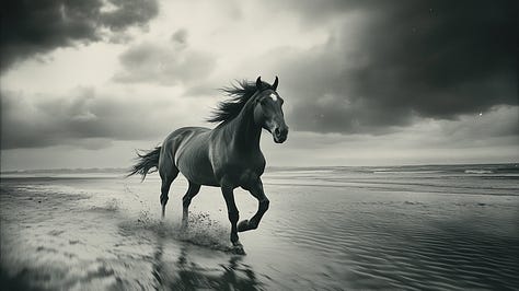 A horse galloping on the beach, as if captured on a manipulated instant film Polaroid, with peeling emulsion and a surreal sense of motion.