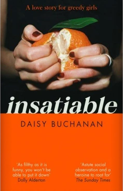 Book covers for INSATIABLE - two hands tearing an orange open on a dark background, CAREERING - a woman wearing a bright pink vest and a pale pink skirt, lying on a green velvet sofa, and LIMELIGHT, a woman in a black slip, with her legs raised