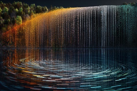 Kirigami-styled binary waterfalls generated in Midjourney.