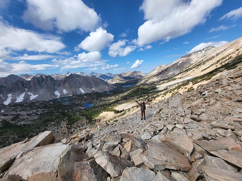 Mel and John looking back at Frog Lake and Forester Pass, granite over Kearsarge Pass, road from Independence headed north