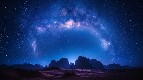 Extreme long exposure of starry night sky, Milky Way arching over silhouetted mountains