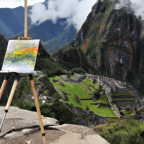 Landscape paintings of Machu Picchu on fire being painted on an easel on Machu Picchu 