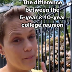 instagram reel covers with the captions: "the difference between the 5 year and 10 year college reunion," "friendly reminder to message that person you find inspiring," and "when the HOA decides your garden's gotta go"