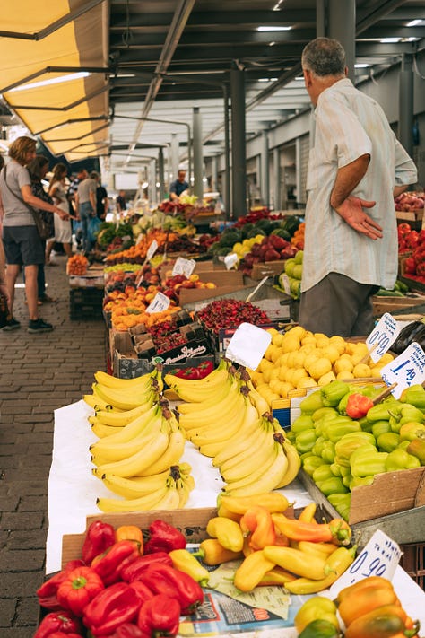 Fruit market, lukumades, olive heaven, koulori, cured meats and spanakopita