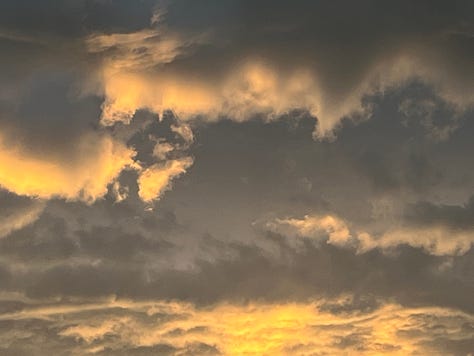 A gallery of 9 images that follow the development of golden light and intense orange and pink colours on beautiful cloud formations after the sun has set one day before the summer solstice in Scotland