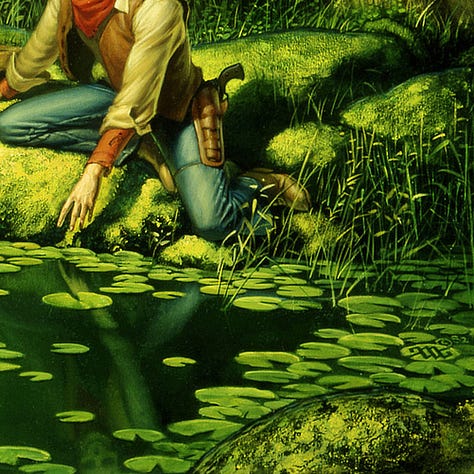 LEFT: Detail from THE TEMPLE OF THE ORACLE featuring Roland kneeling on the rocks at the edge of a pond grown over with cattails. His expressed is emotionally detached as he reaches out toward his reflection between the lily pads. His face is rendered in the water as a bare skull. CENTER: Close detail of Roland kneeling at the edge of a pond, reaching out to his reflection among the lily pads. His face reflecting in the water is rendered as a bare skull. RIGHT: Detail from THE TEMPLE OF THE ORACLE featuring light slanting through the dangling willow branches like an atmospheric curtain over the ancient circle of stones standing in the background. The ring resembles Stone Henge except complete and the vertical stones are plainly in the shape of phalluses.