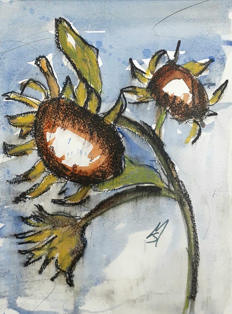 Watercolor and mixed media paintings of Summer sunflowers