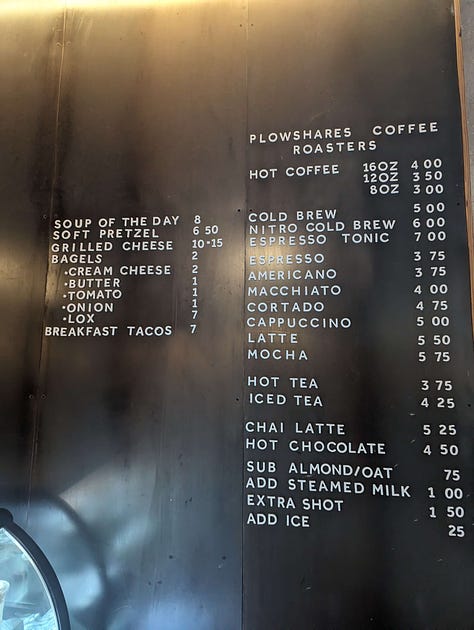 A gallery of pictures, of the menu, a wall design, latte art, and a coffee bag