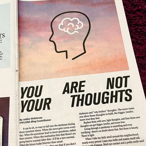 Three photos: A newspaper article with the headline "You are not your thoughts"; a front page of a newspaper called The World Post; a sticker that says "The world is not better without you."