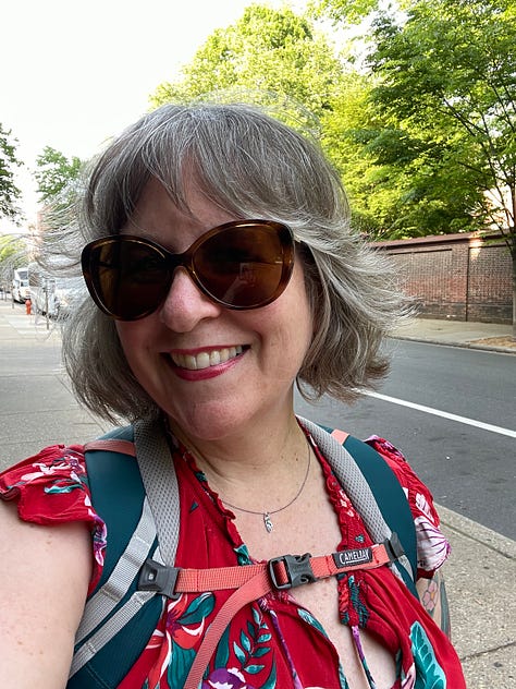 a gallery of three images: a paper collage on a file folder with scissors and a glue stick; a photo of the author in sunglasses and a new haircut; an image of a garden bed with purple rhododendrons and irises in bloom.