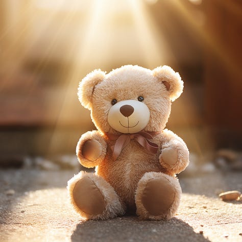 Photo of a woman, teddy bear, and rose, sunbeams