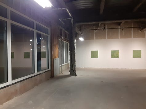 “Going Nowhere,” a collection of paintings by Newark-raised artist Kelly Ann Pinho, is be part of dual exhibitions of Pinho’s work, along with Sunil Garg’s, at Index Art Center’s temporary event space in Newark’s Teachers Village, 245 Halsey St. From left in a set of eight pictures we have, the Chilltown Blues pigeon looking at the set of paintings in which Pinho explores variations of a rusty or brown coloring. Second, are the green waves of 30x30 "Spring Heel Jack." Third is a picture of Pinho's green section, featuring a portion of them via two paintings, with the reflections of the two paintings in the windows to the left. There's also a slideshow with pictures of canopy and flowers - the text of which is referred to in the article below. The sixth photo has the Chilltown Blues pigeon in front of a sculpture peice by the dual art show's other artist, Sunil Garg. Garg's pieces evokes a jellyfish with lights coming from the floor as it, seven-feet high rotates in a greenhouse-like frame. The last pictre shows the transition of Pinho's rust-colored pieces to something more golden, evoking some of her own personal transitions of moving from "nowhere" to "somewhere."