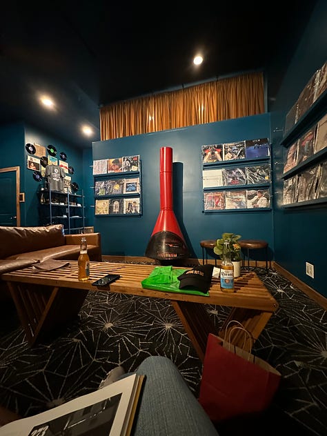 Vinyl records in a lounge with non-alcohol drinks