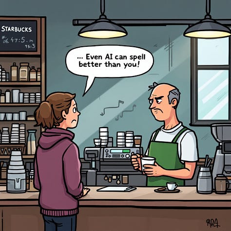 Cartoon illustration: Starbucks coffee shop. A frowning customer holds a coffee cup, saying to the barista, “Even AI can spell better than you!” The barista stands behind the counter, next to coffee machines, stacked cups, and ingredients. by DALL-E, FLUX, Ideogram, Imagen, Midjourney, Recraft. Stable Diffusion