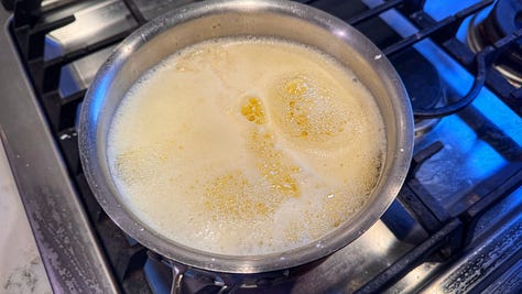 Photo 1: The foamy mixture of melted butter and cornstarch 2: The foam being poured into a cheesecloth-lined sieve 3: the contents of the sieve after draining