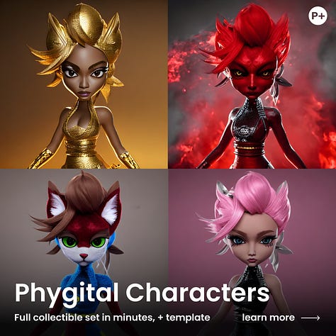 Images of Phygital's styles, characters, game assets, knolling box, pixels, logo transformation, fashion, and locations, as examples of the types of neural network tools available.