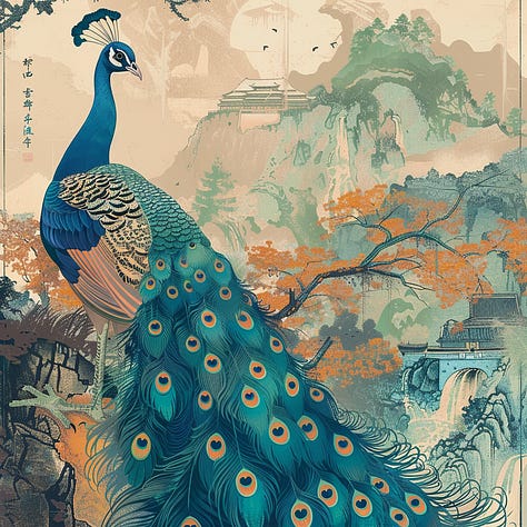 Travel posters featuring a peacock, burger, and sunrise