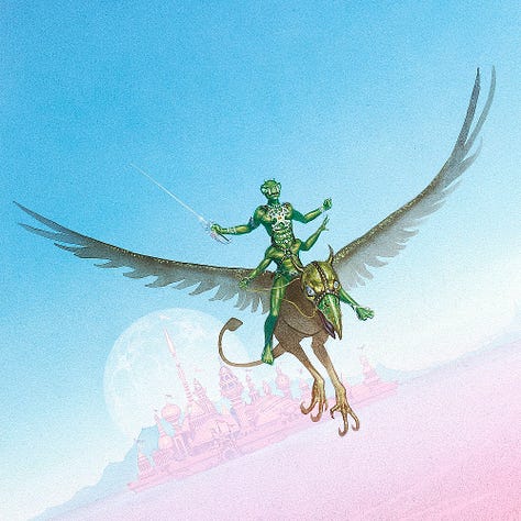 LEFT: Detail of John Carter and Dejah Thoris on the back of a saddle Martian bird. He is pale in comparison to the red tone of her skin. Her hand reaches around resting suggestively on his hip. He wears only a loincloth, belt with decorative filigree, and a harness that crosses his chest in an X with a large crest reminiscent of an eagle with wings and tail plumage spread. CENTER: Figure study of John Carter flying on the back of a Martian bird. His cape flaps freely in the wind because Deja Thoris is absent. He holds the reins in one hand and a long rapier in the other. In the upper right of the paper, there are two faces sketched, one looser than the other. RIGHT: Detail of Tars Tarkas riding on the back of a saddled Martian bird. He is a green Martian with four arms, anatomically one torso stacked on another. He holds the reins with his lower hand and a long rapier above it. Behind him, an elegant city with tall spires and onion shaped peaks sits on the titled horizon with a full moon behind it.