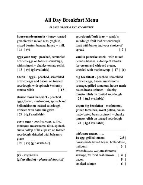 Seven Monks Cafe Menu