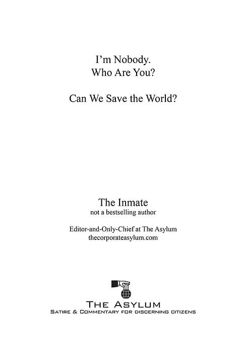 Sample pages from the new book, I'm Nobody. Who Are You? Can We Save the World?