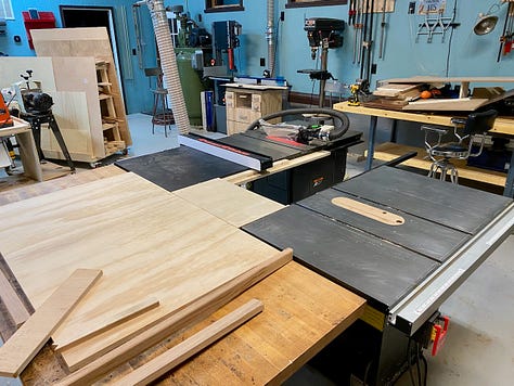 Pictures of table saws in a shop.