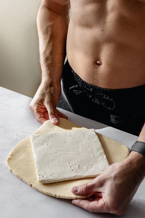 Sequence of photos showing shirtless man making vegan puff pastry dough