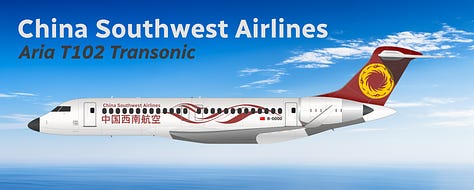 The current China Southwest Airlines fleet: 1) Comac C919, 2) Airbus A321LR, 3) Airbus A320neo, 4) Airbus A320-200, 5) Aria T102 Transonic, 6) Airbus A319-100.