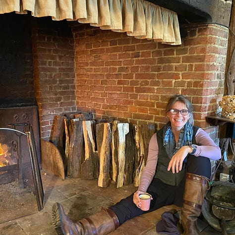 Playing at Dixter: Fergus demonstrating planting layouts; Christo's patio; and Marianne fireside. Photos via Marianne Willburn