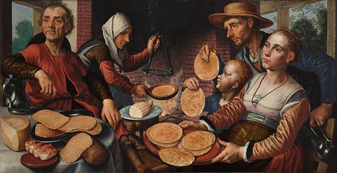6 images all from Dutch painters - all contains images of pancakes being cooked around fires or being eaten 