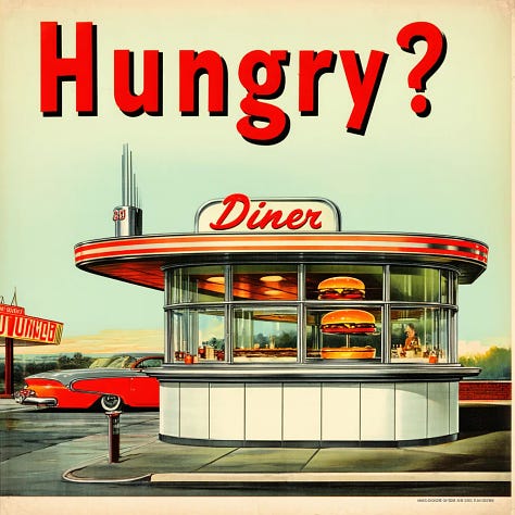 Vintage 1950s poster for a diner with the word "Hungry?" by DALL-E, FLUX, Ideogram, Imagen, Midjourney, Recraft. Stable Diffusion