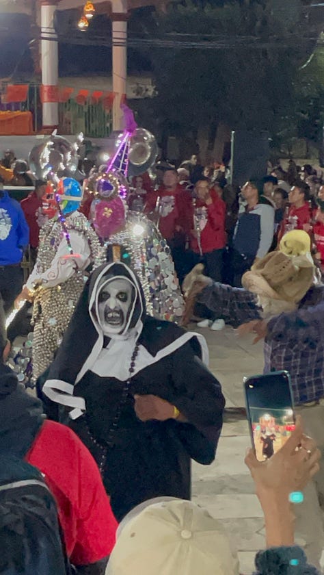 Three images showing people dressed in elaborate costumes at a Día de Muertos celebration.