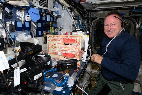 Two photos with Suni Williams, one with Butch Wilmore, both working with a weird desktop contraption that's a board with tubing and sponges attached to it, with a syringe at the top. It's all red/orange, which is the colour of the liquid used during the tests.