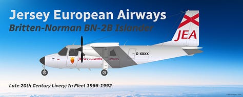 A selection of aircraft from the historic Jersey European fleet: 1) Douglas DC-3, 2) Vickers Viscount, 3) Britten-Norman BN-2B Islander, 4) Fokker F27, 5) Fokker 50, 6) Dornier 228, 7) ATR 42, 8) Avro RJ85, and 9) Viking DHC-6-400 Twin Otter - all shown in side view.