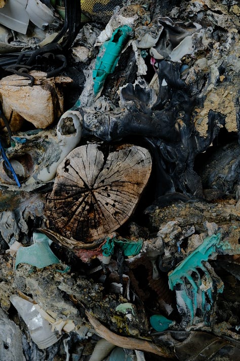 Image of burned trash mound, two close-up images of burned trash