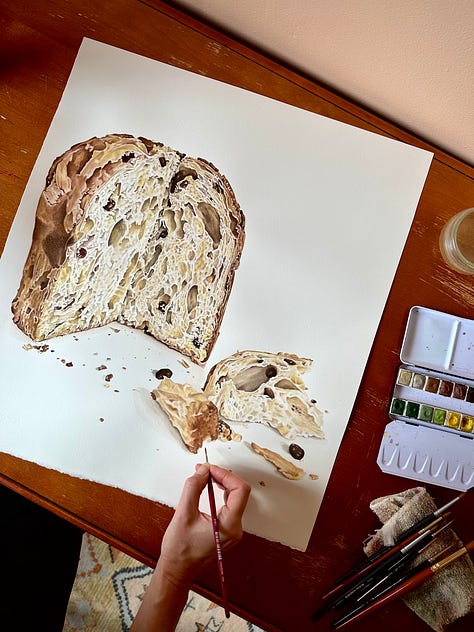 A large painting of a single croisssant followed by a loaf of bread cut in half with lots of gluteny holes, and then a cut panettone with a piece sitting to the right of it and lots of crumbs and raisins spilling out 