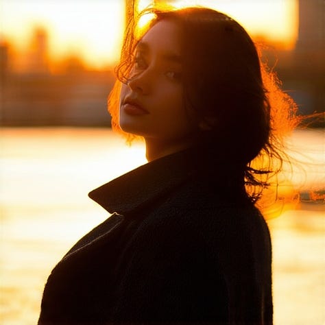 Wide shot of a cityscape at night, portrait of a person at sunset with golden light, mid-century modern house at sunset