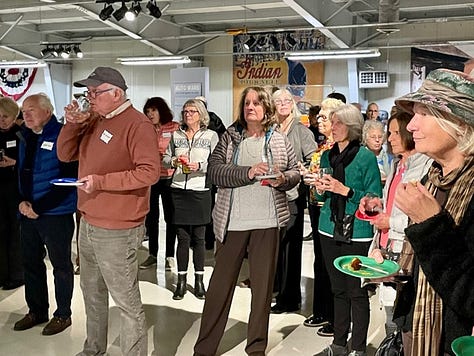 Photos of people socializing at a museum event filled with antique cars