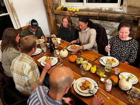 People at tables eating