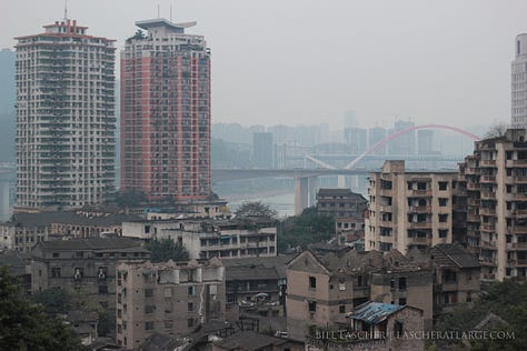Alternating images of quiet, calm moments and busy, frenetic cities, and of old and new construction, in Chongqing, China.