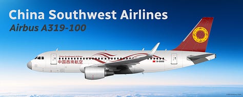 The current China Southwest Airlines fleet: 1) Comac C919, 2) Airbus A321LR, 3) Airbus A320neo, 4) Airbus A320-200, 5) Aria T102 Transonic, 6) Airbus A319-100.