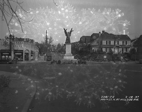 Images show the Soldiers' and Sailors' Monument at its original location in the middle of Hillside Avenue at what is now Merrick Blvd.