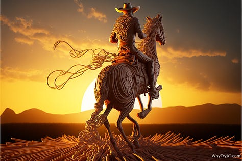 Train, saloon, riding horse made out of spaghetti