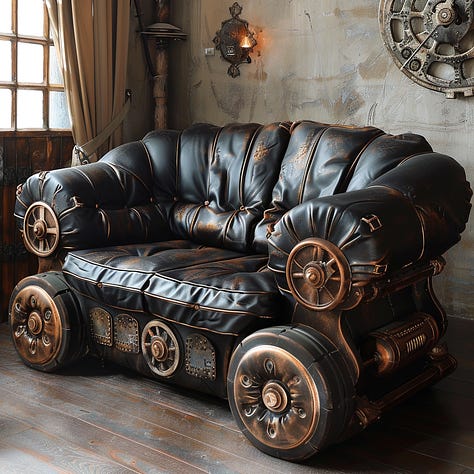 Elephant, sofa, cityscape steampunk
