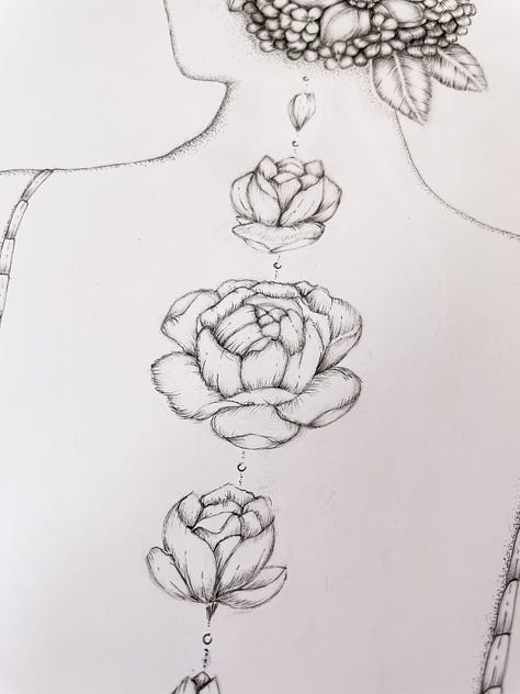 Botanical portrait illustration with back tattoo designs.