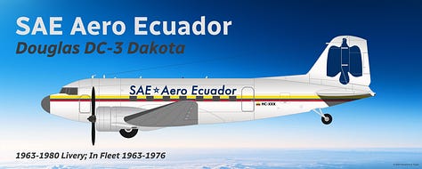 A selection of former SAETA Airlines aircraft types: 1) Douglas DC-3, 2) Douglas DC-6, 3) Vickers Viscount, 4) Sud Aviation SE 210 Caravelle, 5) Boeing 707-320B, 6) Boing 727-200 Advanced, 7) Boeing 720B, and 8) Boeing 737-300 - all shown in side view.