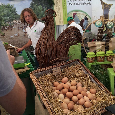 A selection of foods including eggs, cheese, nuts and people from past Terra Madre events