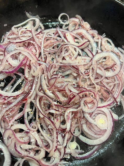 Onions cooking in stages